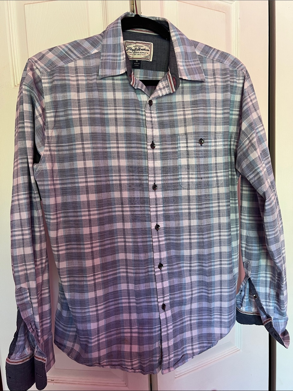 FLAG AND ANTHEM 💯 Cotton Men's Plaid Long-Sleeve Button-Down Shirt Blue and Gray